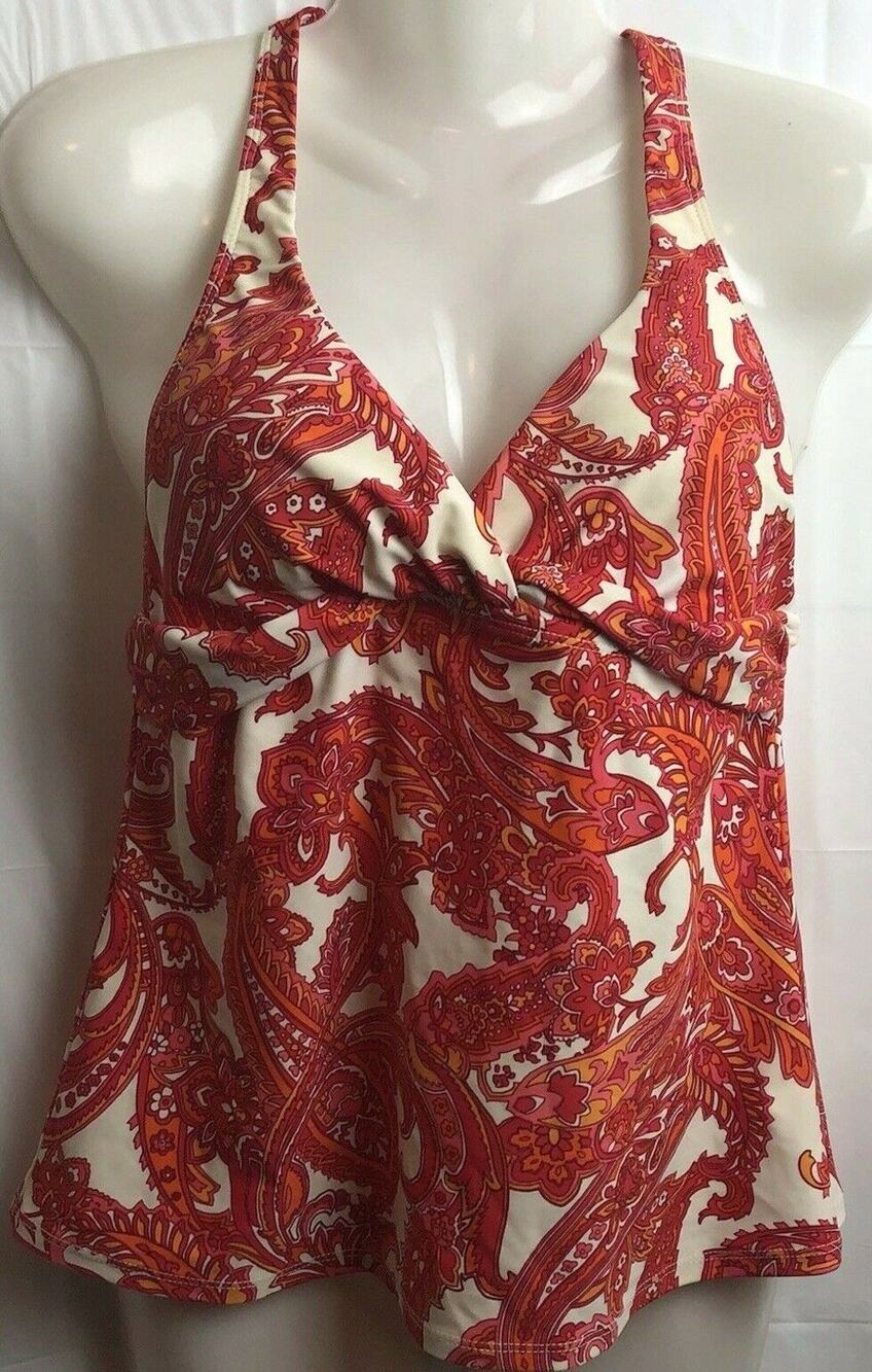 Chaps Tankini Top Women 8 Red Floral Halter Twist Front Padded Stretch Swimwear